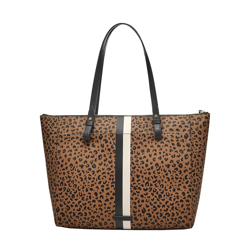 Fossil Rachel Tote Leopard Print Animal Print Brown White Stripe with wallet